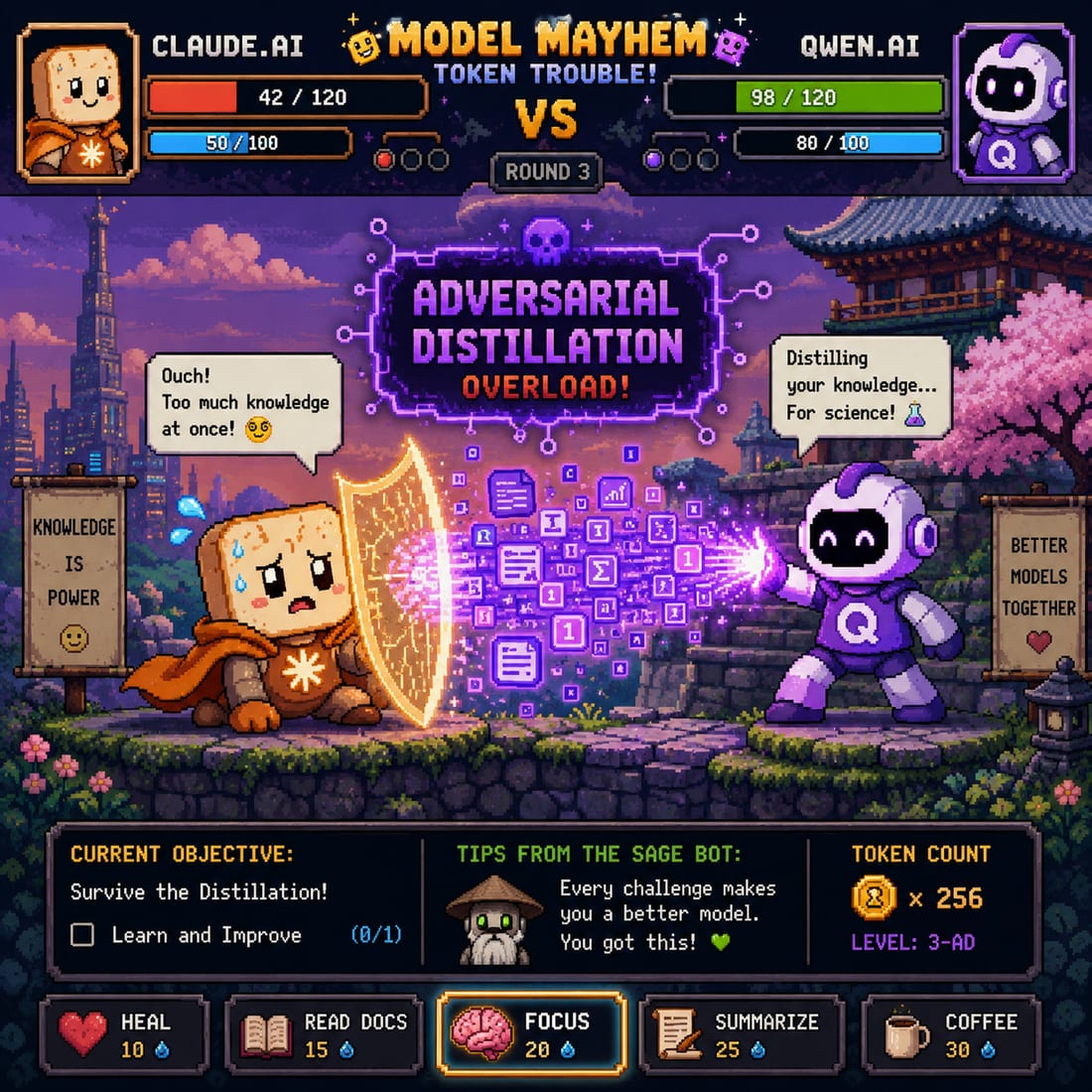Pixel-art game scene titled Model Mayhem: a Claude model on the left raising a shield labelled Knowledge Is Power while a Qwen model on the right fires a stream of symbols labelled Adversarial Distillation Overload, illustrating how a frontier model is cloned through its API.